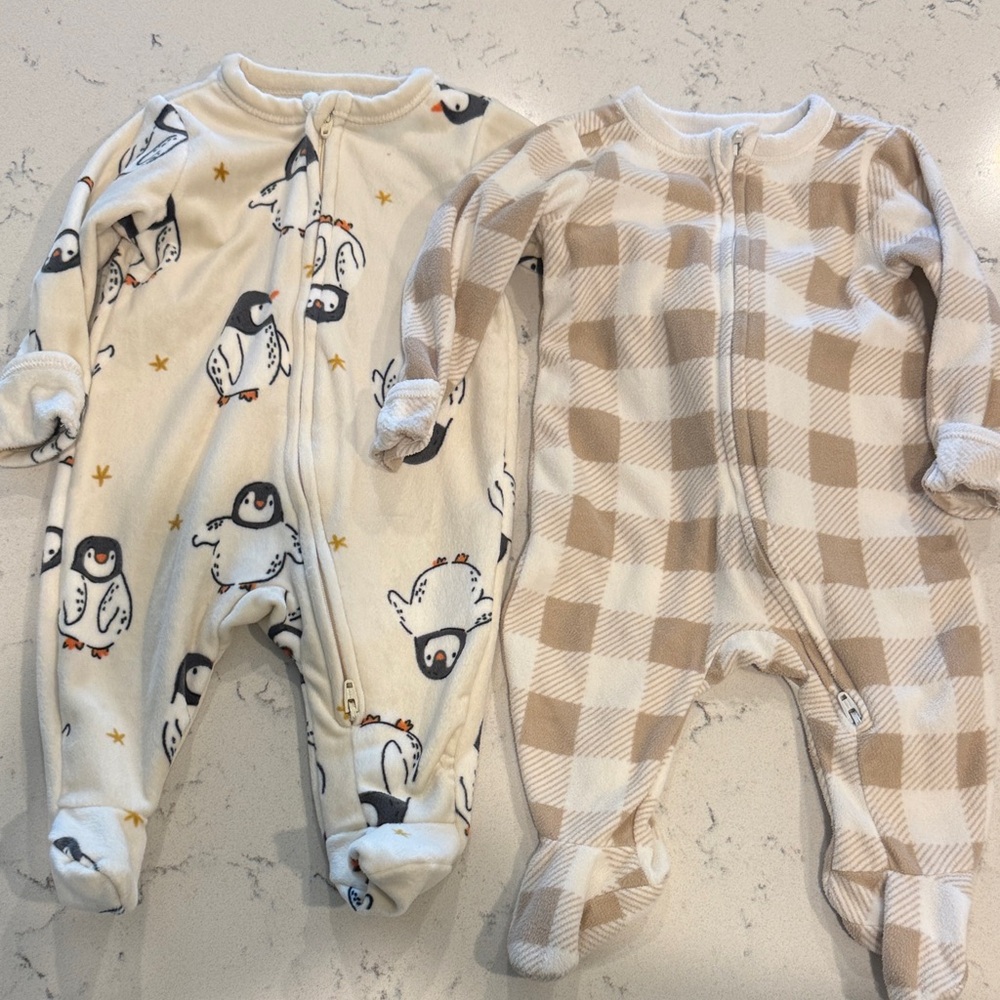 2 Fleece Old Navy Penguin and Plaid Kids Footies - Cream and Tan